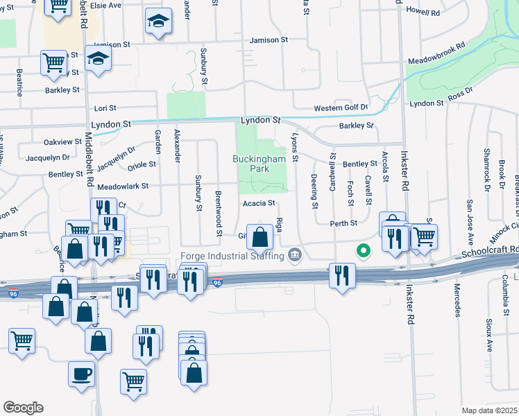 map of restaurants, bars, coffee shops, grocery stores, and more near 28305 Acacia Avenue in Livonia