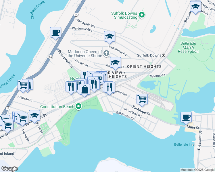 map of restaurants, bars, coffee shops, grocery stores, and more near 1020 Bennington Street in Boston