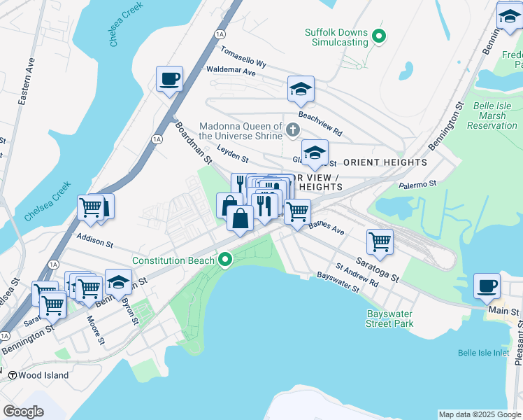 map of restaurants, bars, coffee shops, grocery stores, and more near 984 Saratoga Street in Boston