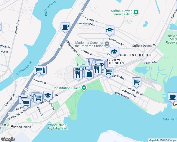 map of restaurants, bars, coffee shops, grocery stores, and more near 962 Saratoga Street in Boston