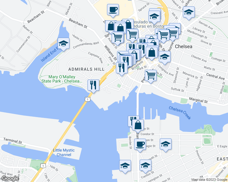 map of restaurants, bars, coffee shops, grocery stores, and more near 22 Front Street in Chelsea
