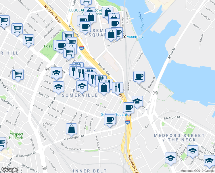 map of restaurants, bars, coffee shops, grocery stores, and more near 59 Broadway in Somerville