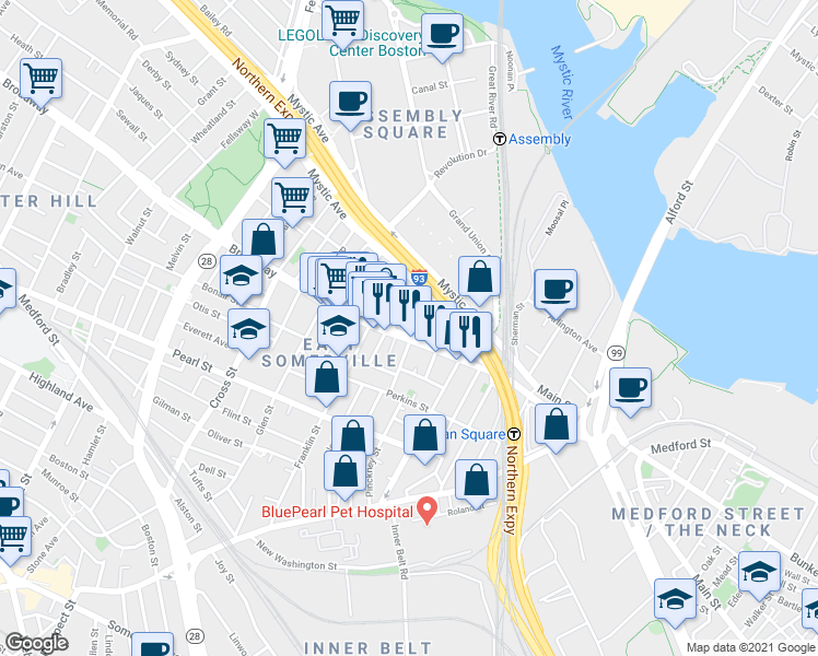 map of restaurants, bars, coffee shops, grocery stores, and more near 59 Broadway in Somerville
