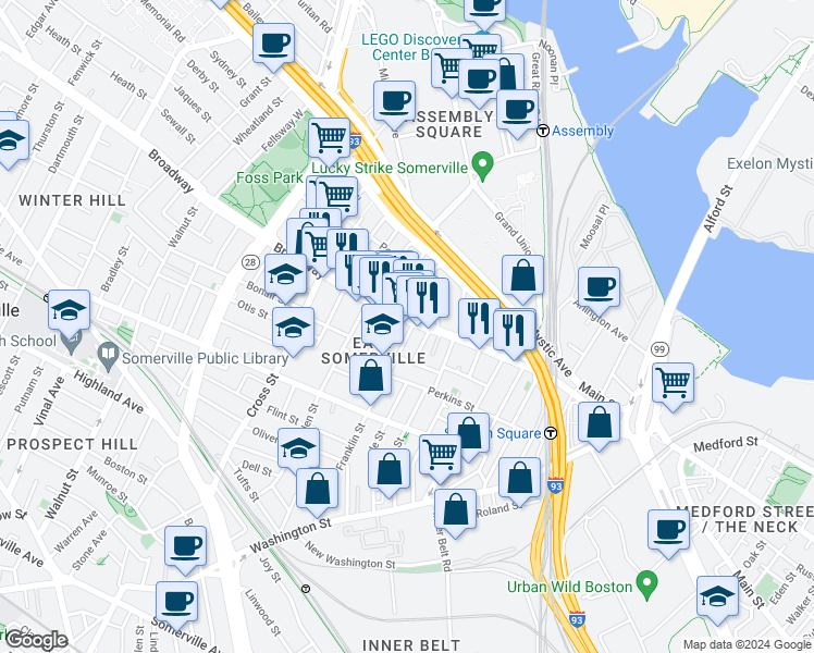 map of restaurants, bars, coffee shops, grocery stores, and more near 80 Broadway in Somerville