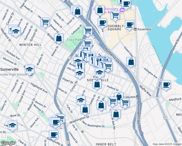 map of restaurants, bars, coffee shops, grocery stores, and more near 27 Glen Street in Somerville