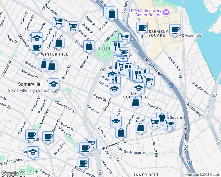 map of restaurants, bars, coffee shops, grocery stores, and more near 13 Everett Avenue in Somerville