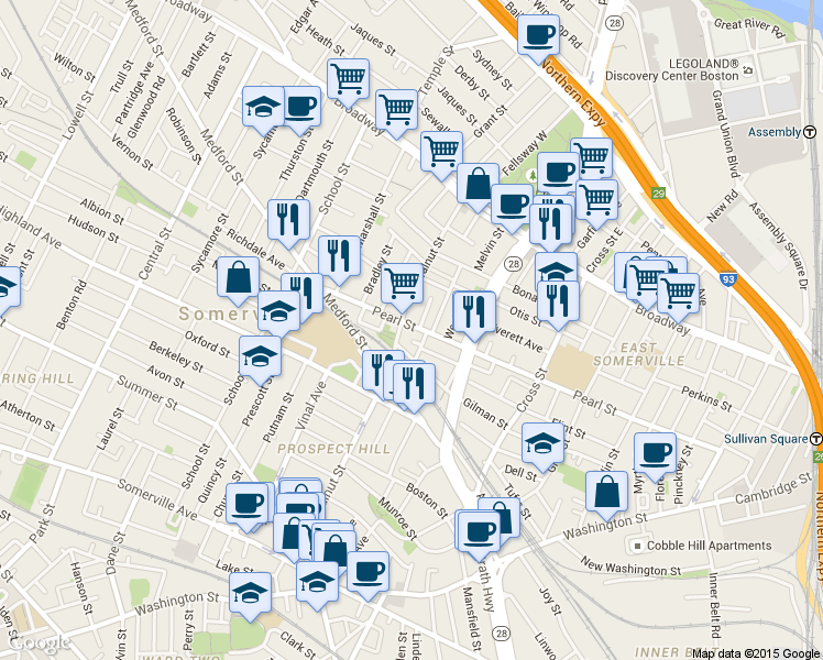 map of restaurants, bars, coffee shops, grocery stores, and more near 202 Pearl Street in Somerville