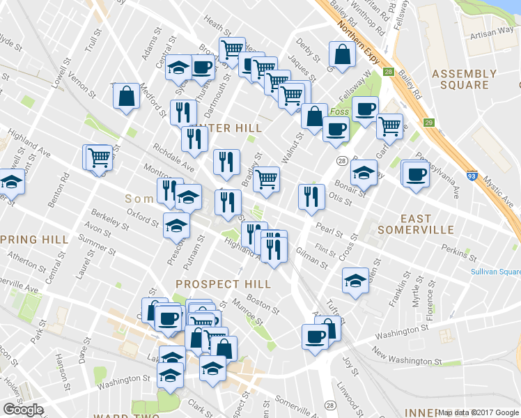 map of restaurants, bars, coffee shops, grocery stores, and more near 106 Walnut Street in Somerville