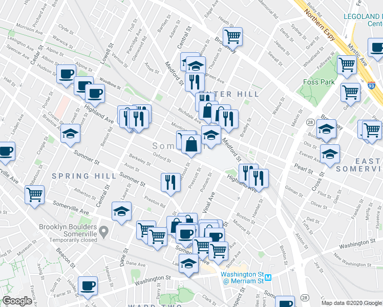 map of restaurants, bars, coffee shops, grocery stores, and more near 93 Highland Avenue in Somerville