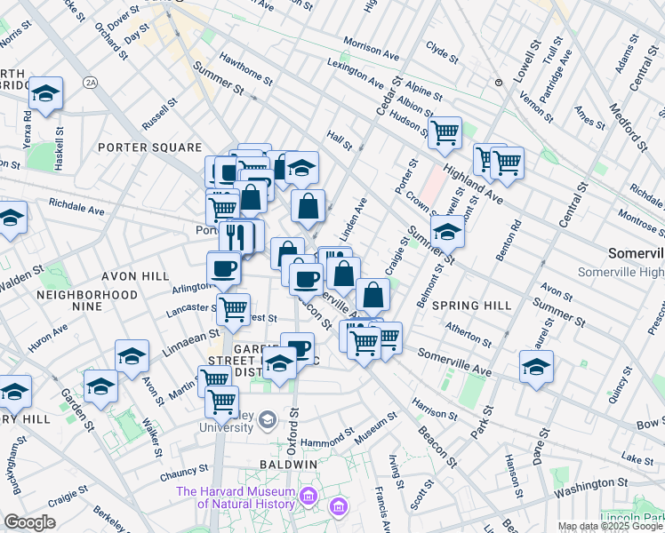 map of restaurants, bars, coffee shops, grocery stores, and more near 36 Elm Street in Somerville