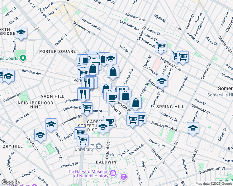 map of restaurants, bars, coffee shops, grocery stores, and more near 36 Elm Street in Somerville