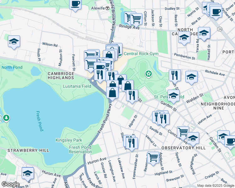 map of restaurants, bars, coffee shops, grocery stores, and more near 483 Concord Avenue in Cambridge