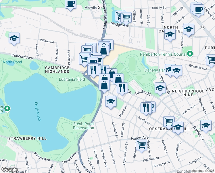 map of restaurants, bars, coffee shops, grocery stores, and more near 483 Concord Avenue in Cambridge