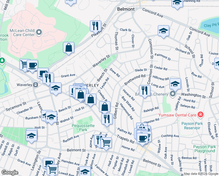 map of restaurants, bars, coffee shops, grocery stores, and more near 5 Holden Road in Belmont