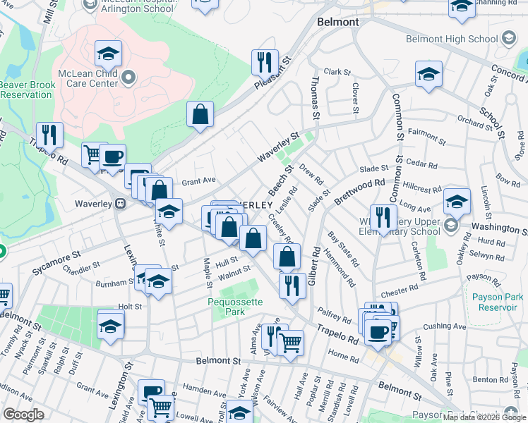 map of restaurants, bars, coffee shops, grocery stores, and more near in Belmont