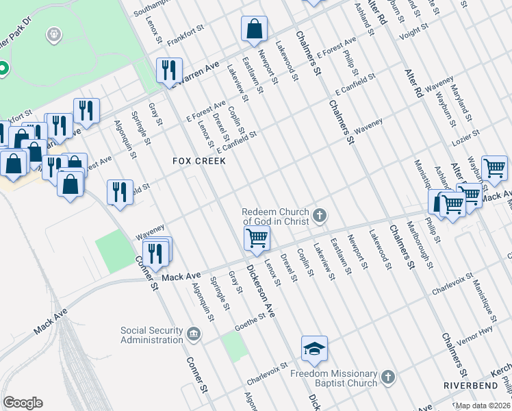 map of restaurants, bars, coffee shops, grocery stores, and more near 4178 Lenox Street in Detroit