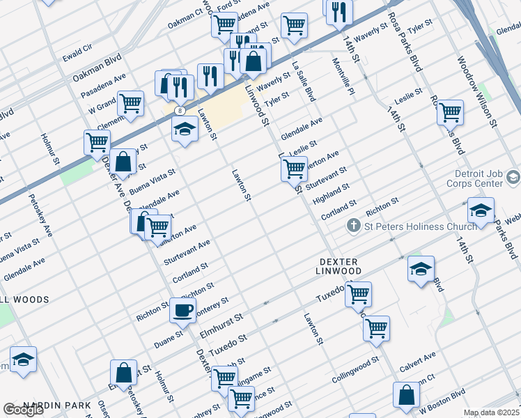 map of restaurants, bars, coffee shops, grocery stores, and more near 2750 Sturtevant Street in Detroit