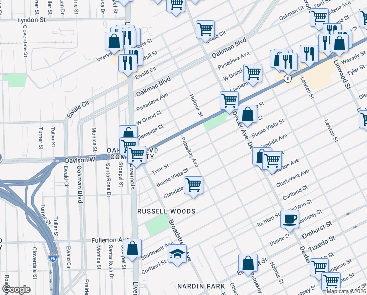 map of restaurants, bars, coffee shops, grocery stores, and more near 4096 Tyler Street in Detroit