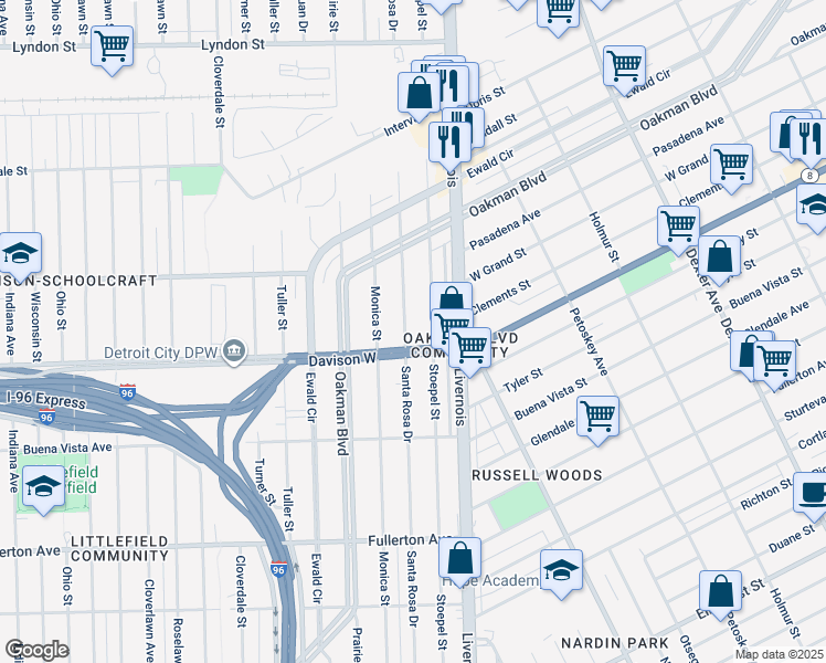 map of restaurants, bars, coffee shops, grocery stores, and more near in Detroit