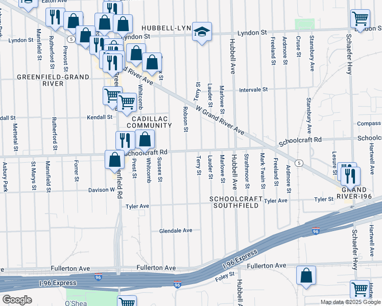 map of restaurants, bars, coffee shops, grocery stores, and more near 13415 Terry Street in Detroit