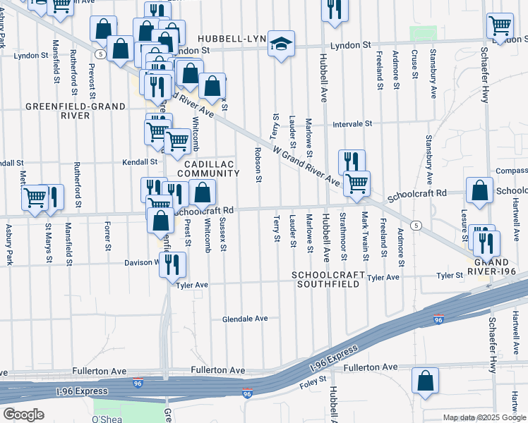map of restaurants, bars, coffee shops, grocery stores, and more near 13415 Terry Street in Detroit