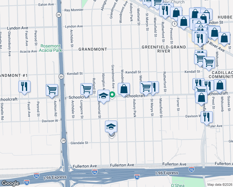 map of restaurants, bars, coffee shops, grocery stores, and more near 13901 Woodmont Avenue in Detroit