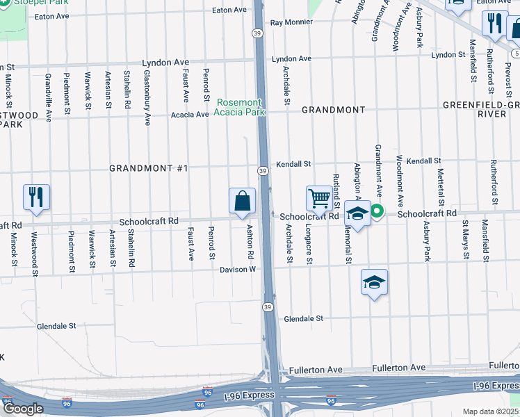 map of restaurants, bars, coffee shops, grocery stores, and more near 13920 Ashton Road in Detroit