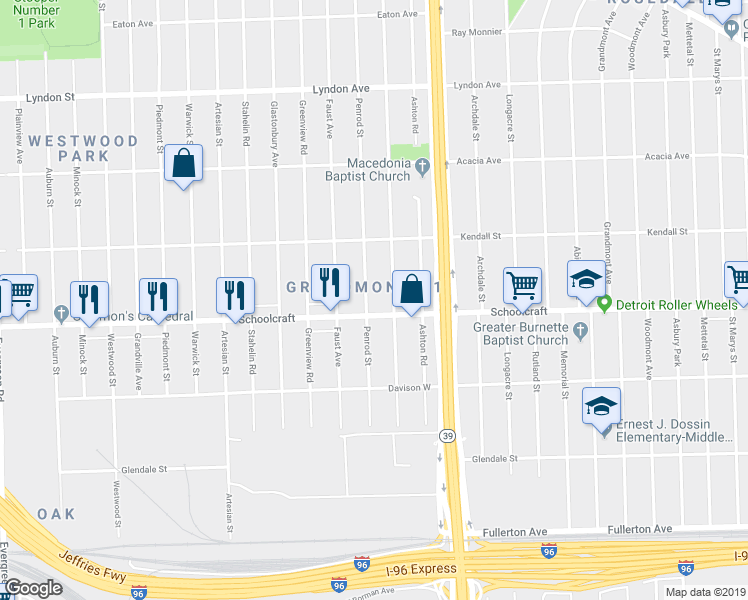 map of restaurants, bars, coffee shops, grocery stores, and more near 13921 Rosemont Avenue in Detroit