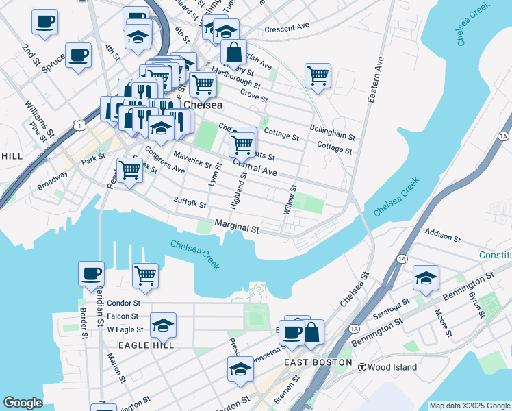 map of restaurants, bars, coffee shops, grocery stores, and more near 22 Willow Street in Chelsea