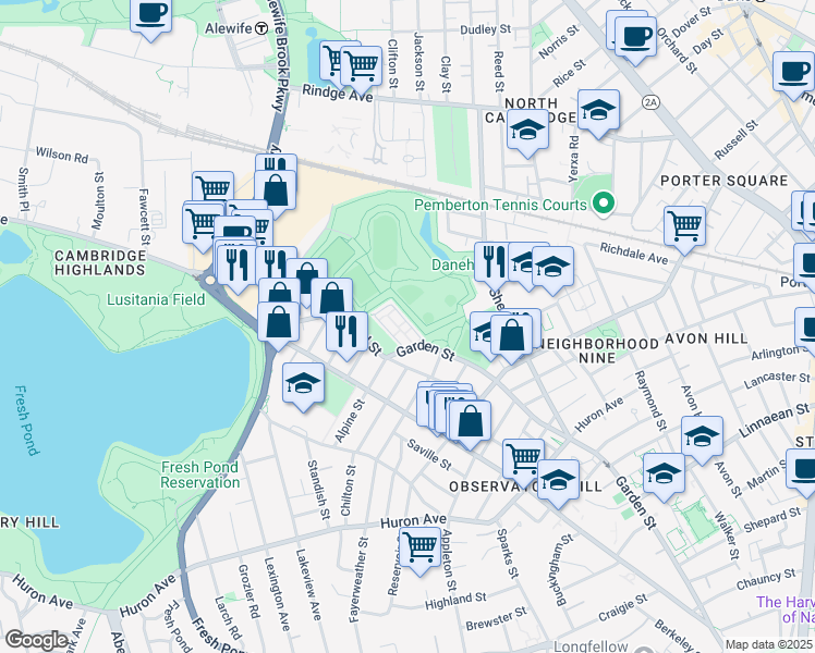 map of restaurants, bars, coffee shops, grocery stores, and more near 241 Garden Street in Cambridge