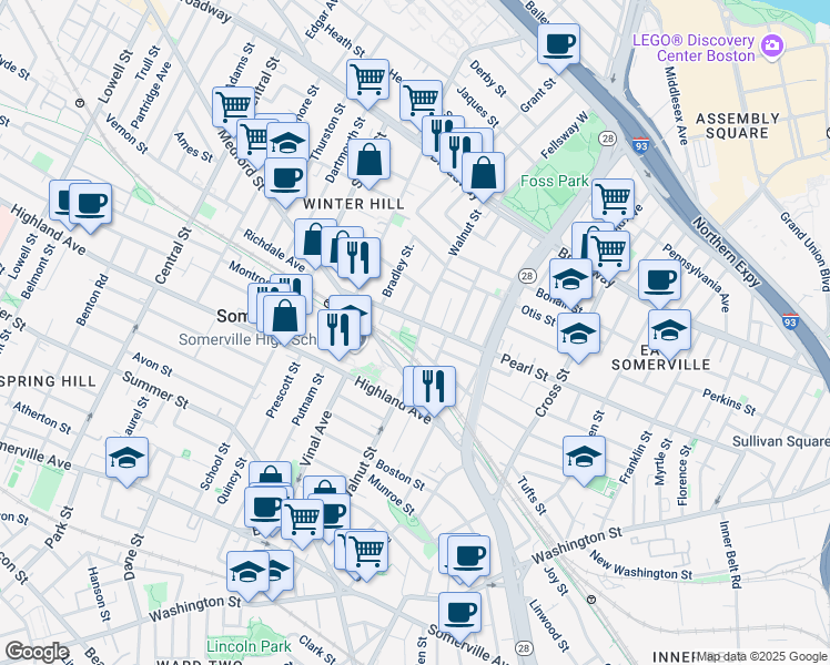 map of restaurants, bars, coffee shops, grocery stores, and more near 106 Walnut Street in Somerville