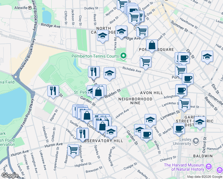 map of restaurants, bars, coffee shops, grocery stores, and more near 205 Walden Street in Cambridge