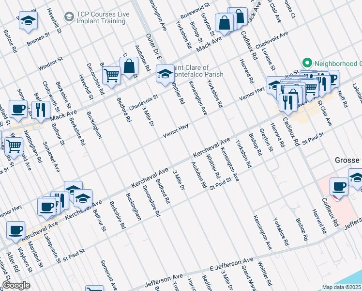 map of restaurants, bars, coffee shops, grocery stores, and more near 1233 Audubon Road in Grosse Pointe Park