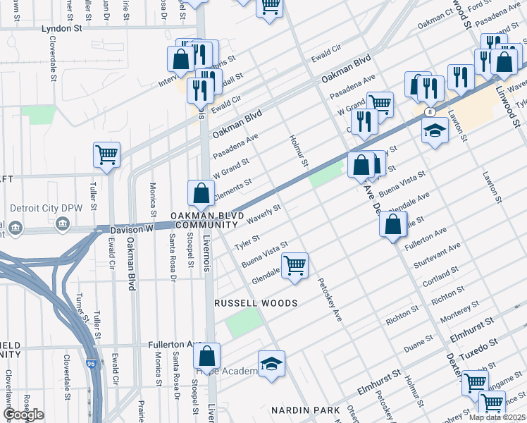 map of restaurants, bars, coffee shops, grocery stores, and more near 4260 Waverly Avenue in Detroit