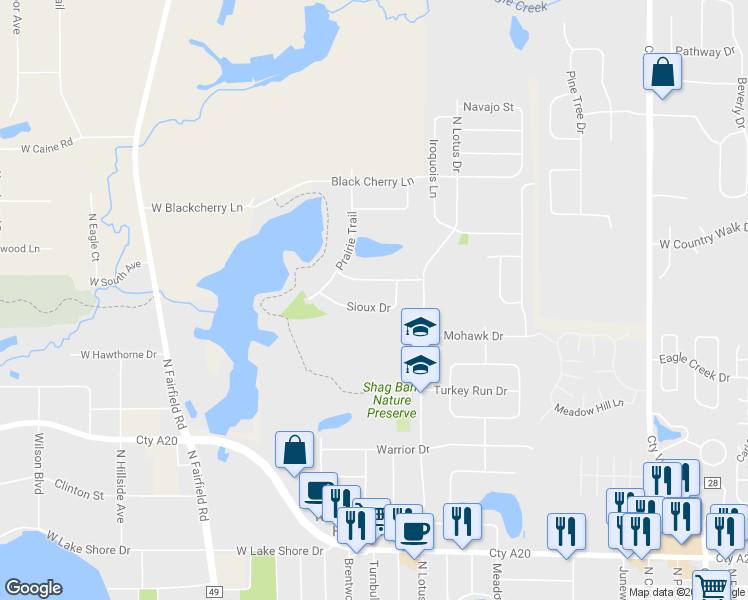 map of restaurants, bars, coffee shops, grocery stores, and more near 884 Sioux Drive in Round Lake Heights