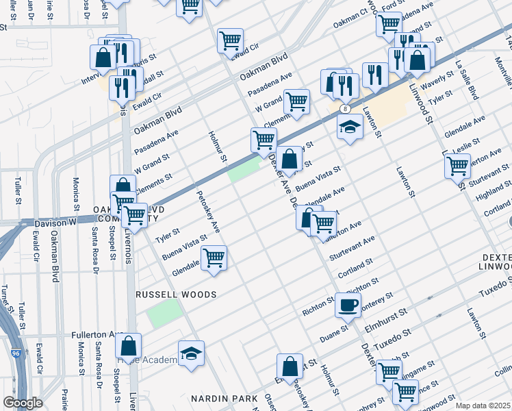 map of restaurants, bars, coffee shops, grocery stores, and more near 3814 Buena Vista Street in Detroit