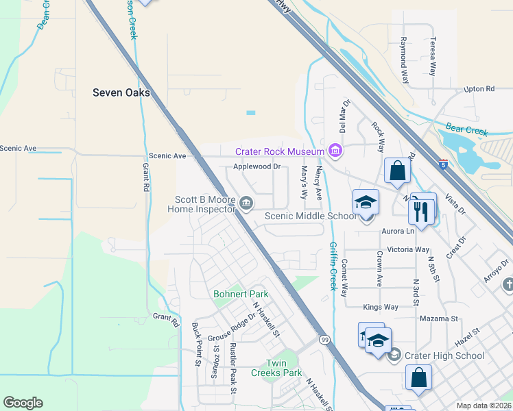 map of restaurants, bars, coffee shops, grocery stores, and more near 245 Willow Bend Way in Central Point
