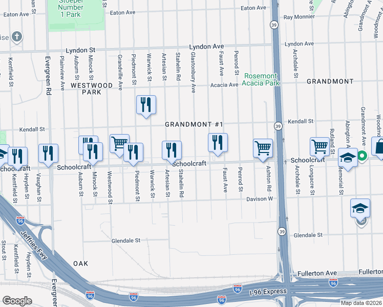map of restaurants, bars, coffee shops, grocery stores, and more near 13935 Glastonbury Avenue in Detroit
