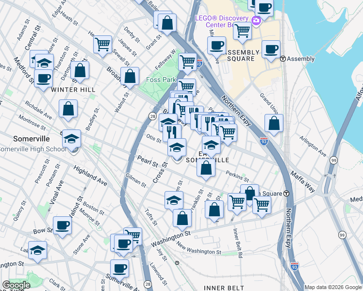 map of restaurants, bars, coffee shops, grocery stores, and more near 7 Ellsworth Street in Somerville
