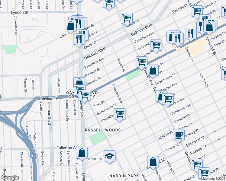 map of restaurants, bars, coffee shops, grocery stores, and more near 4096 Tyler Street in Detroit