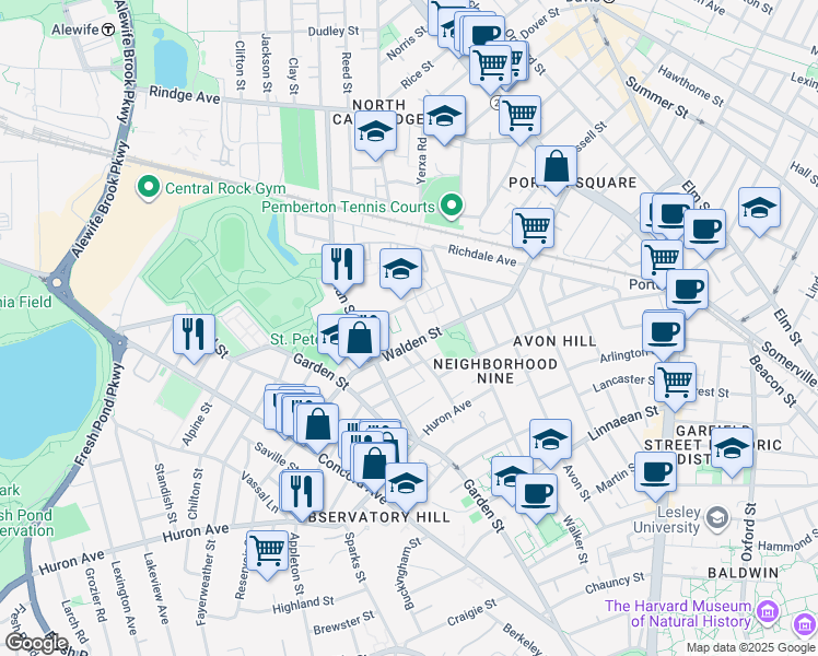 map of restaurants, bars, coffee shops, grocery stores, and more near 205 Walden Street in Cambridge