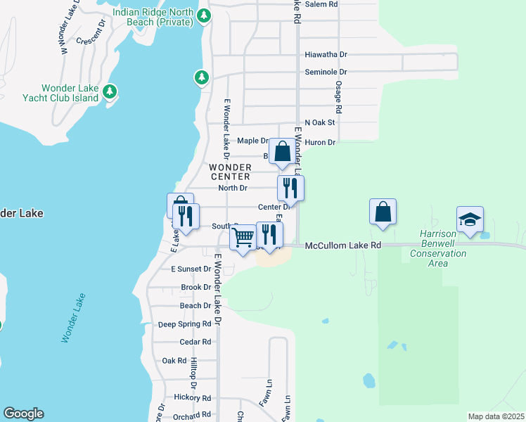 map of restaurants, bars, coffee shops, grocery stores, and more near 7425 Center Drive in Wonder Lake