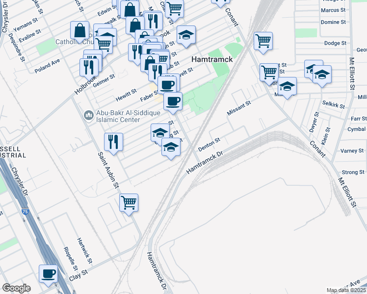 map of restaurants, bars, coffee shops, grocery stores, and more near 2465 Denton Street in Hamtramck
