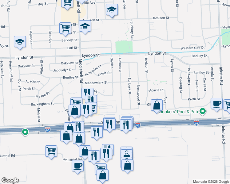 map of restaurants, bars, coffee shops, grocery stores, and more near 14212 Garden in Livonia