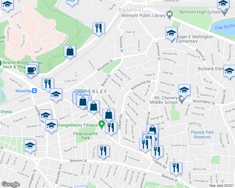 map of restaurants, bars, coffee shops, grocery stores, and more near 5 Holden Road in Belmont