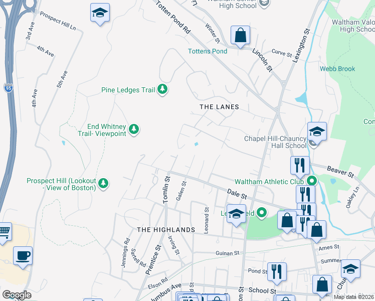 map of restaurants, bars, coffee shops, grocery stores, and more near 100 Galen Street in Waltham