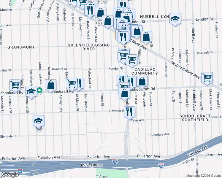 map of restaurants, bars, coffee shops, grocery stores, and more near 13903 Montrose Street in Detroit
