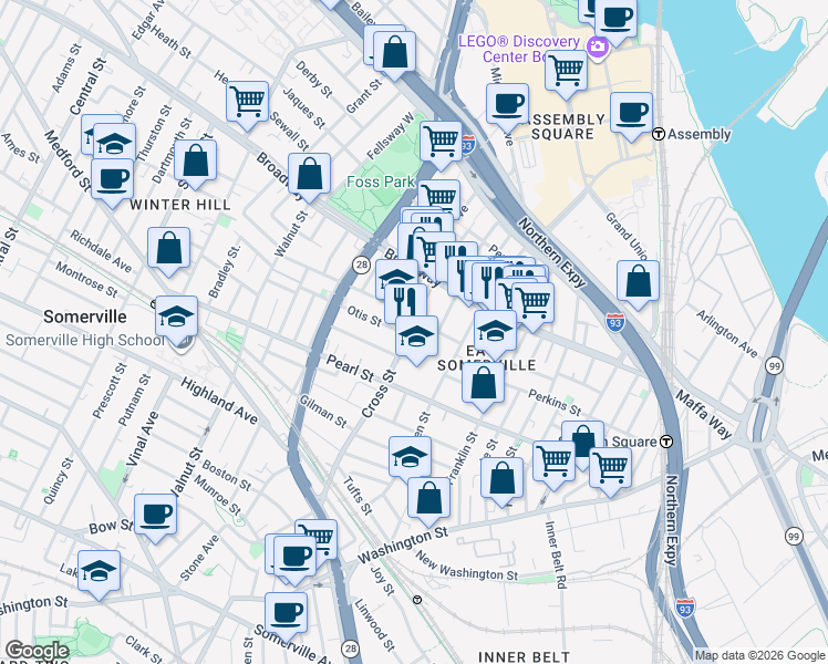 map of restaurants, bars, coffee shops, grocery stores, and more near 7 Ellsworth Street in Somerville
