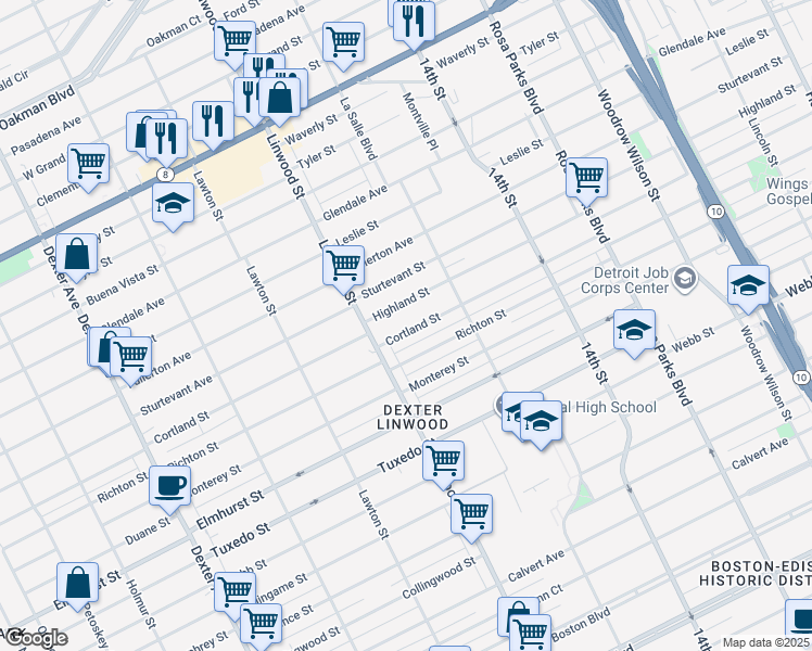 map of restaurants, bars, coffee shops, grocery stores, and more near 2520 Cortland Street in Detroit