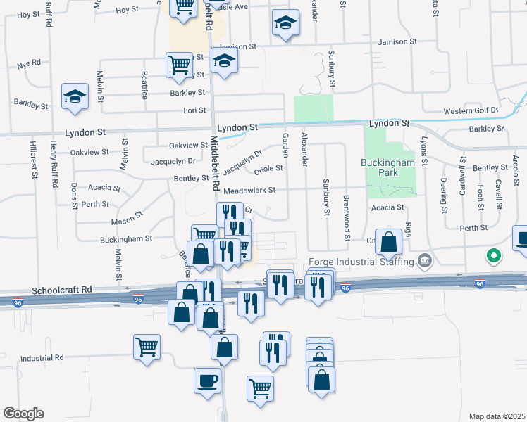 map of restaurants, bars, coffee shops, grocery stores, and more near 29242 Perth Court in Livonia
